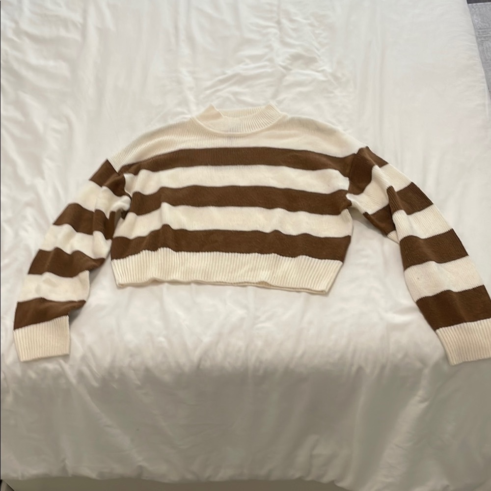 H&M Brown and Cream Crew Neck Striped Sweater